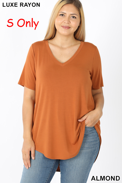 4091 1/4S V Neck HiLo Hem TOP in ALMOND