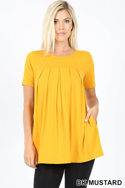 4117 1/4S R Neck Pleated TOP w PKTS in DK MUSTARD JV-KO