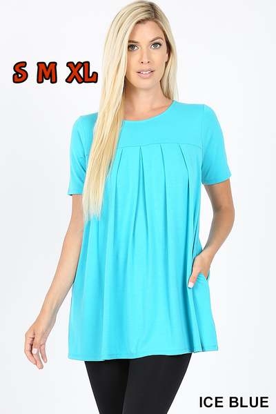 4126 1/4S R Neck Pleated TOP w PKTS in ICE BLUE JV-L17C