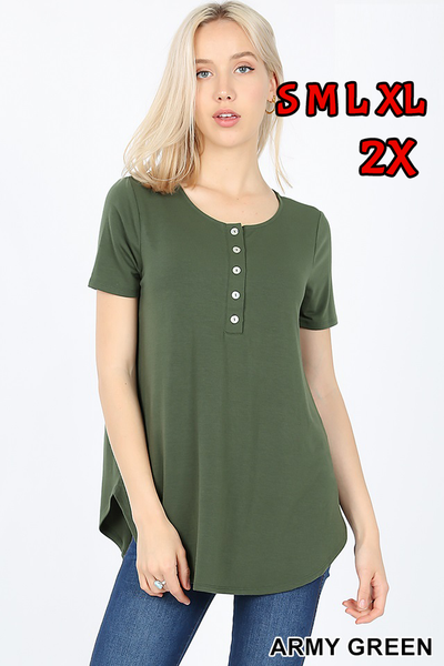 4142 1/4S Henley Shell Button TOP in ARMY GREEN JV-I37B