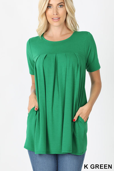 4145 1/4S R Neck Pleated TOP w PKTS in KELLY GREEN JV-B13B