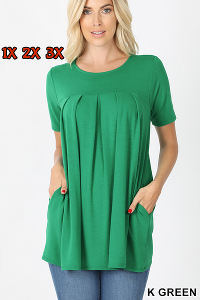 4145 1/4S R Neck Pleated TOP w PKTS in KELLY GREEN JV-B13B