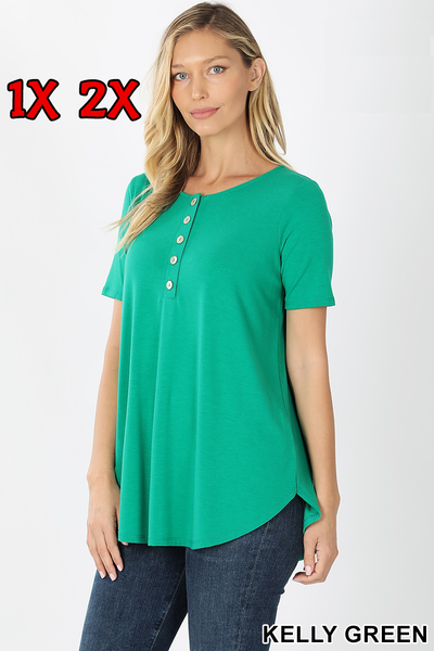 4146 1/4S Henley Shell Button TOP in KELLY GREEN