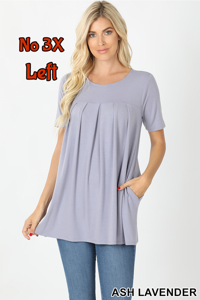 4178 1/4S R Neck Pleated TOP w PKTS in ASH LAVENDER