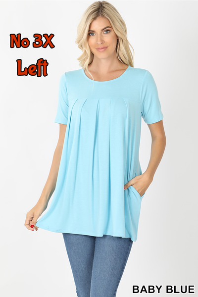 4179 1/4S R Neck Pleated TOP w PKTS in BABY BLUE
