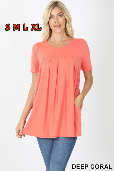 4180 1/4S R Neck Pleated TOP w PKTS in DEEP CORAL