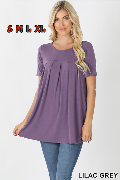 4181 1/4S R Neck Pleated TOP w PKTS in LILAC GREY