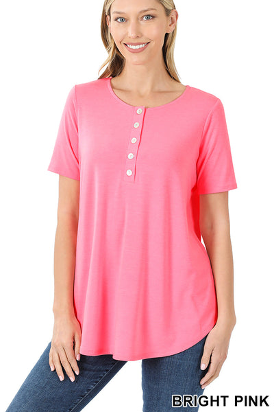 4200 1/4S Henley Shell Button TOP in BRIGHT PINK JV-A42C