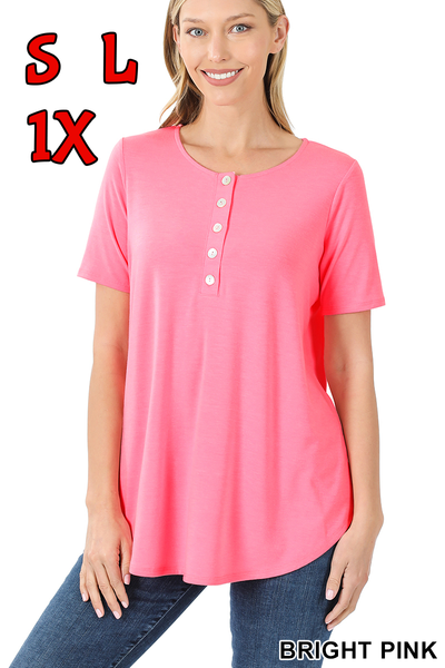 4200 1/4S Henley Shell Button TOP in BRIGHT PINK JV-A42C