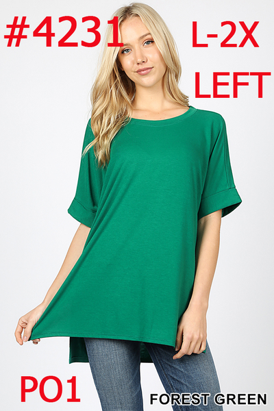 4231 1/4S Rolled R Neck HiLo Side Slit TOP in FOREST GREEN