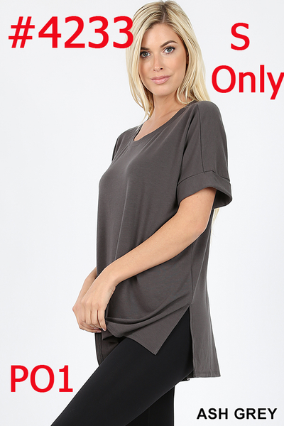 4233 1/4S Rolled R Neck HiLo Side Slit TOP in ASH GREY