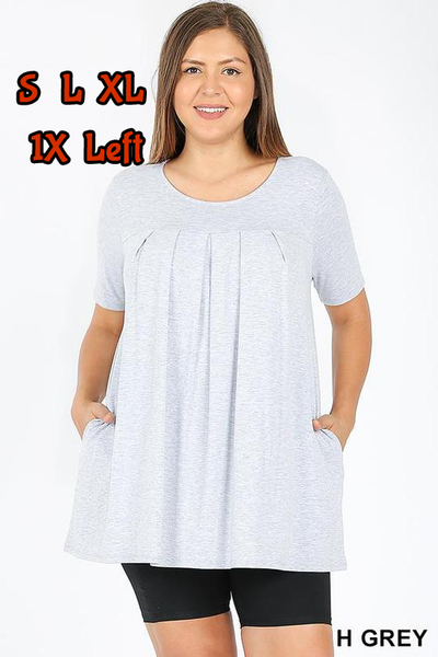 4240 1/4S R Neck Pleated TOP w PKTS in HEATHER GREY JV-F12B