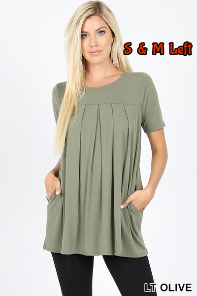 4244 1/4S R Neck Pleated TOP w PKTS in LIGHT OLIVE JV-F7C