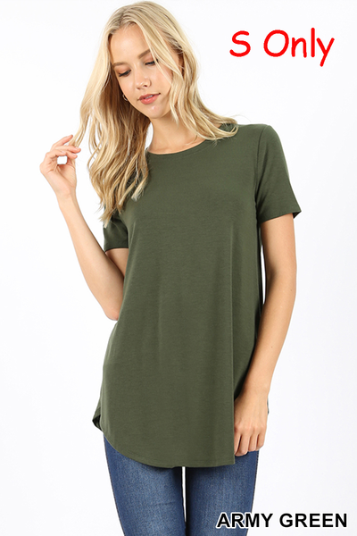 4258 1/4S Round Neck & Hem TOP in ARMY GREEN
