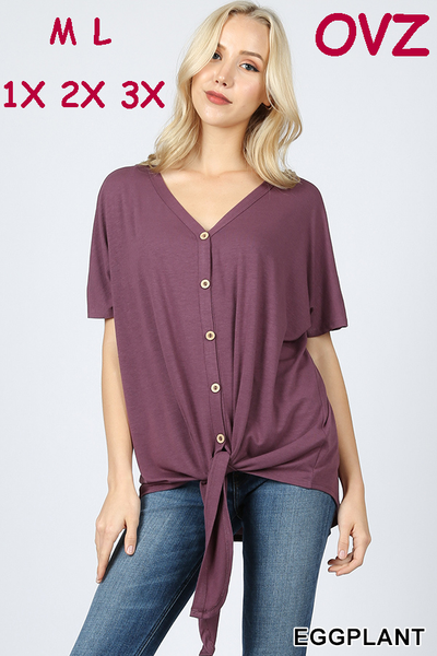 4335 1/4S Tie Front Button TOP in EGGPLANT