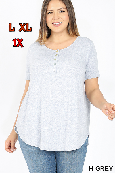 4443 1/4S Henley Shell Button TOP in H GREY