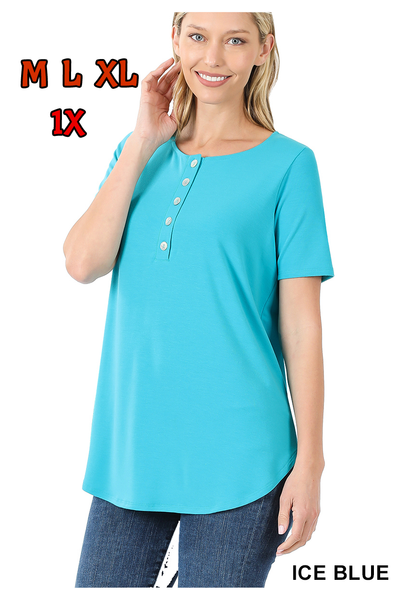 4445 1/4S Henley Shell Button TOP in ICE BLUE