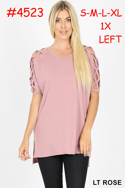 4523 1/4S Criss Cross Shoulder HiLo Hem TOP in LT ROSE