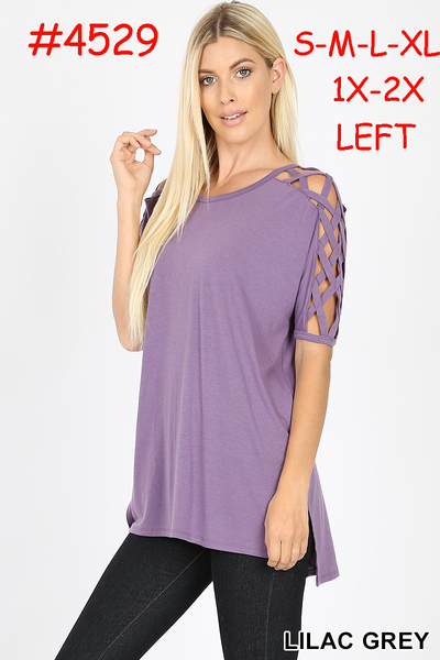 4529 1/4S Criss Cross Shoulder HiLo Hem TOP in LILAC GREY