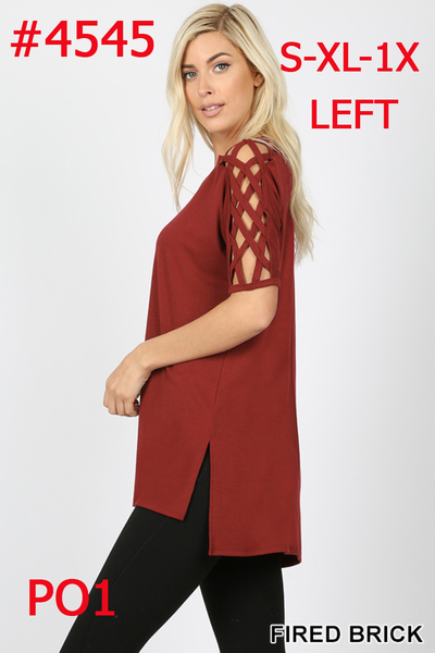 4545 1/4S Criss Cross Shoulder HiLo Hem TOP in FIRED BRICK