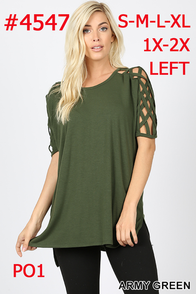 4547 1/4S Criss Cross Shoulder HiLo Hem TOP in ARMY GREEN