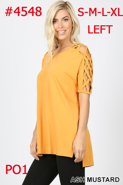 4548 1/4S Criss Cross Shoulder HiLo Hem TOP in ASH MUSTARD