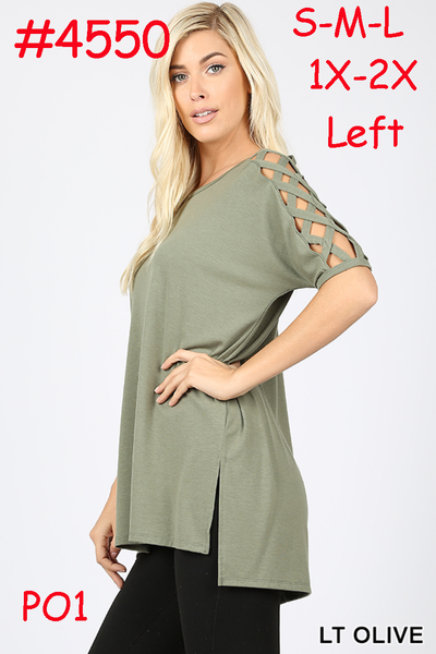 4550 1/4S Criss Cross Shoulder HiLo Hem TOP in LT OLIVE