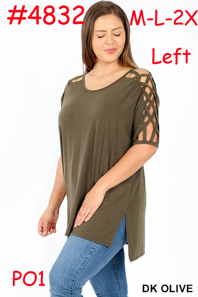 4832 1/4S Criss Cross Shoulder HiLo Hem TOP in DK OLIVE