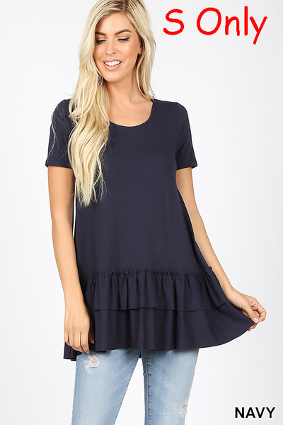 4940 1/4S Double Ruffle Bottom Round Neck TOP in NAVY