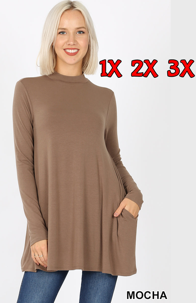 5264 4/4S Mock Neck w PKTS TOP in MOCHA