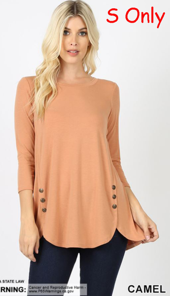 5329 3/4S Dolphin Hem w/ Side Button TOP in CAMEL