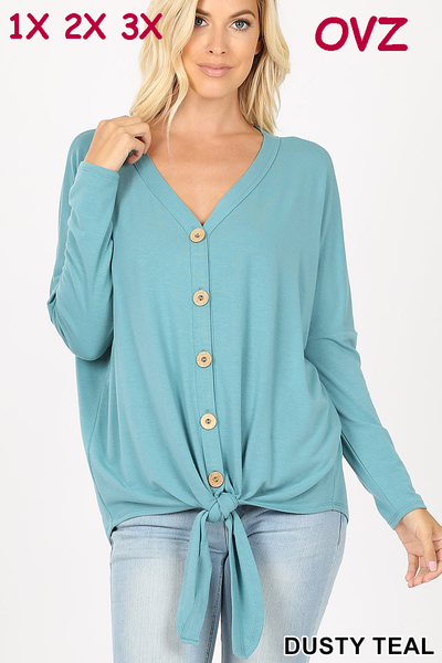 5337 4/4S Tie Front Button TOP in DUSTY TEAL JV-N63C