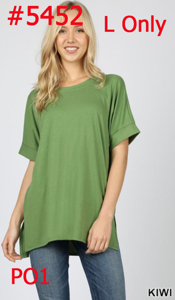 5452 1/4S Rolled R Neck HiLo Side Slit TOP in KIWI