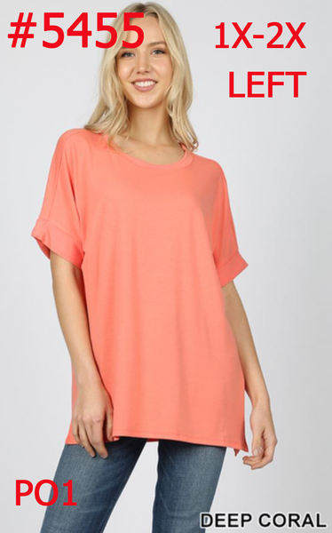 5455 1/4S Rolled R Neck HiLo Side Slit TOP in DEEP CORAL