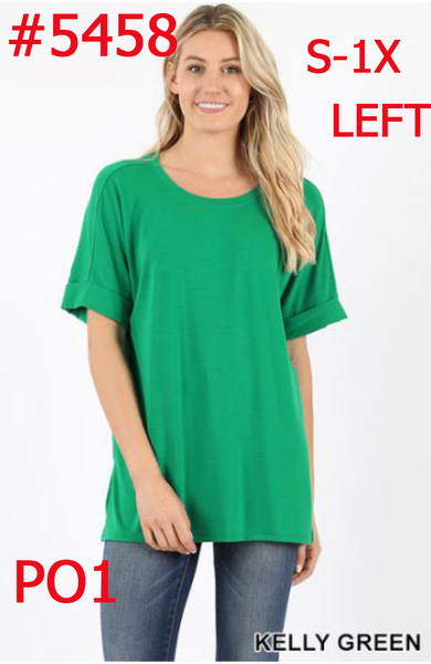 5458 1/4S Rolled R Neck HiLo Side Slit TOP in KELLY GREEN