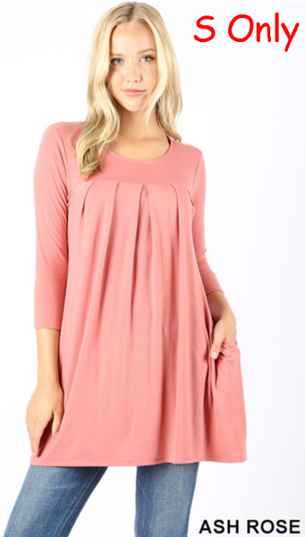 5589 3/4S R Neck Pleated TOP in ASH ROSE