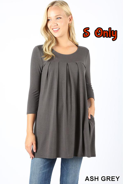 5619 3/4S R Neck Pleated TOP W PKTS in ASH GREY JV-KO