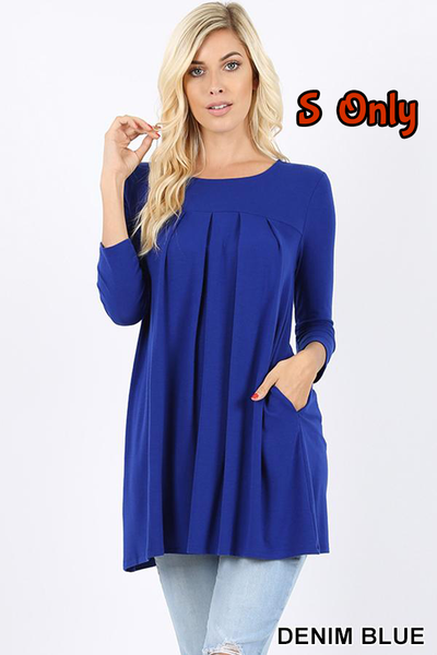 5620 3/4S R Neck Pleated TOP w PKTS in DENIM BLUE JV-KO