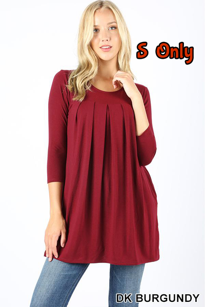 5621 3/4S R Neck Pleated TOP w PKTS in DK BURGUNDY JV-KO