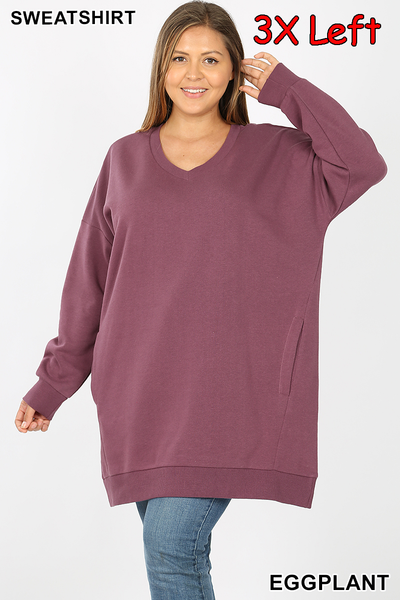 5717 4/4S OVZ V Neck SWEATSHIRT w PKTS in EGGPLANT