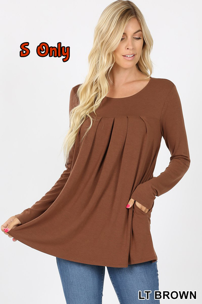 5781 4/4S R Neck Pleated TOP w PKTS in LT BROWN JV-KO