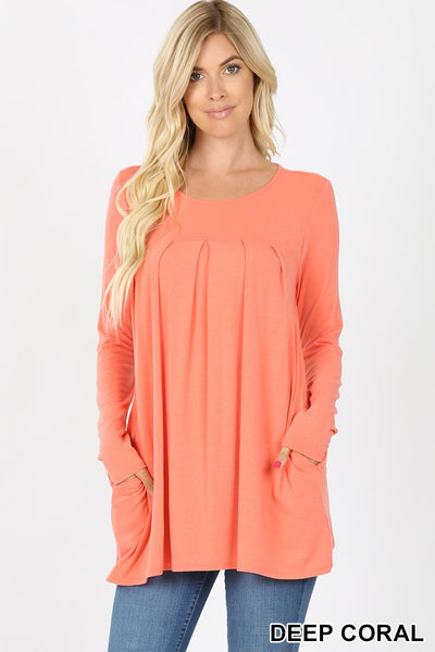 5776 4/4S R Neck Pleated TOP w PKTS in DEEP CORAL JV-I18
