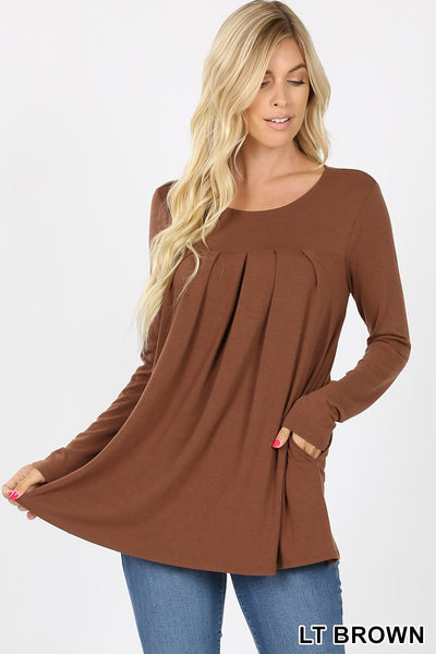5781 4/4S R Neck Pleated TOP w PKTS in LT BROWN JV-KO