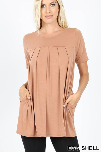 4121 1/4S R Neck Pleated TOP w PKTS in EGGSHELL JV-K38B