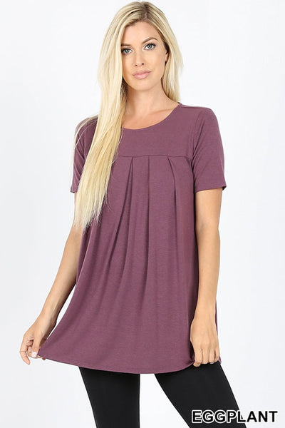 4118 1/4S R Neck Pleated TOP w PKTS in EGGPLANT JV-KO