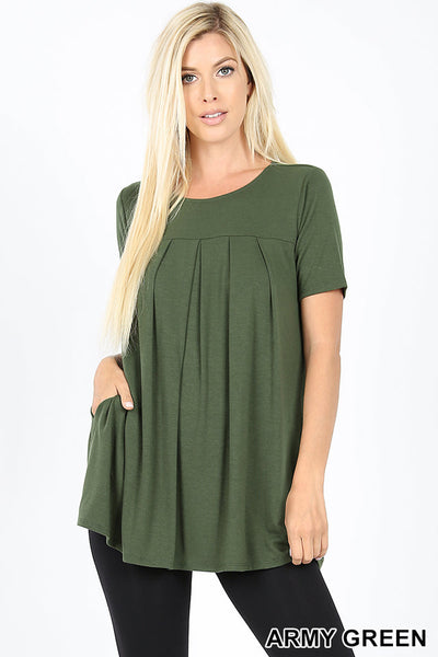 4245 1/4S R Neck Pleated TOP w PKTS in ARMY GREEN JV-F2A