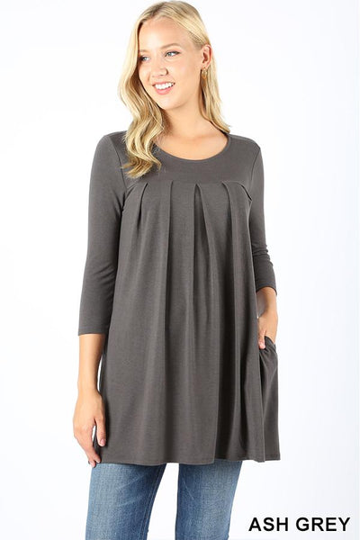 5619 3/4S R Neck Pleated TOP W PKTS in ASH GREY JV-KO