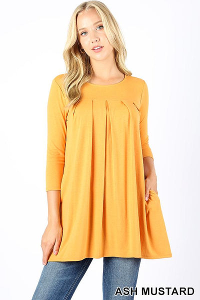 5628 3/4S R Neck Pleated TOP w PKTS in ASH MUSTARD JV-KO