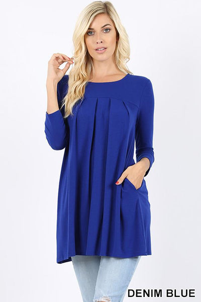 5620 3/4S R Neck Pleated TOP w PKTS in DENIM BLUE JV-KO