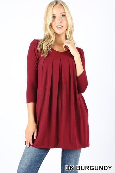 5621 3/4S R Neck Pleated TOP w PKTS in DK BURGUNDY JV-KO